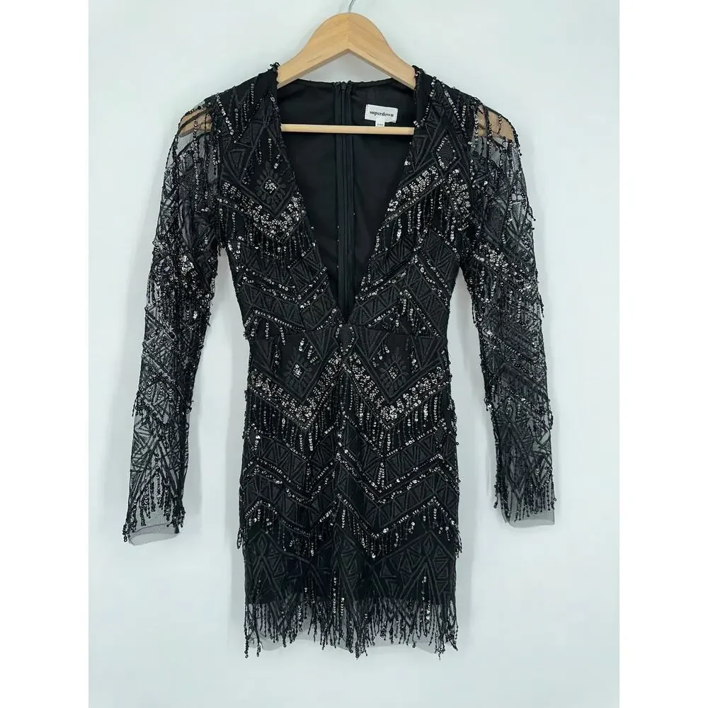 REVOLVE Superdown Nia Sequin Fringe Mini Dress Plunge V-Neck Mesh Long Sleeve - Picture 5 of 13